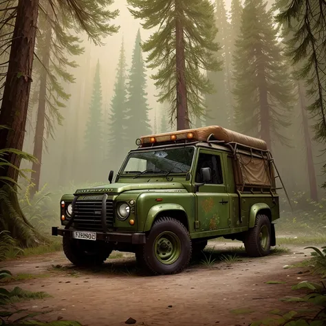 a painting of an old truck in the woods, (luscious) in the last of us, terrifying atmosphere, land rover defender 110 (1985), green pickup car, by Wes Anderson, photography, gopro footage, medium shot, fantasy, by C.S. Lewis, landscape, by the river, dark ...