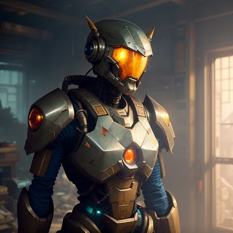 Wide angle Environmental shot in a cluttered and messy shack , action shot, tattered torn shirt, porcelain cracked skin, league of legends, vibrant, photo realistic, realistic, dramatic, dark, sharp focus, 8k."Robot destroyed to pieces with glowing yelow v...