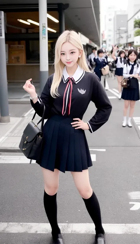 1 girl , serafuku, sailor suit, school uniform,{ulzzang-6500:0.8},photo,1girl, solo, a beautiful goddess, korean idol, japanese idol, stylish model posing in tokyo street,Full body shot,best quality, ultra high res, {photorealistic:1.4}, Kpop idol, platinum blonde short cut hair, loafers, black thighhigh, crowds of students, go to school,