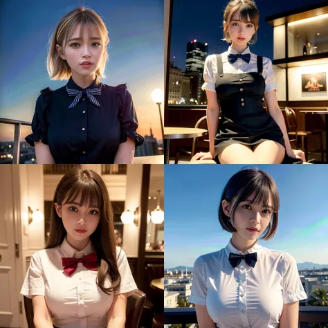<lora:koreanDollLikeness_v10:0.3>(8k, best quality, masterpiece:1.2), (realistic, photo-realistic:1.37), ultra-detailed, 1 girl,cute, solo,beautiful detailed sky,detailed cafe,night,sitting,dating,(nose blush),(smile:1.1),(closed mouth) medium breasts,beautiful detailed eyes,(collared shirt:1.1), bowtie,pleated skirt,(short hair:1.2),floating hair NovaFrogStyle