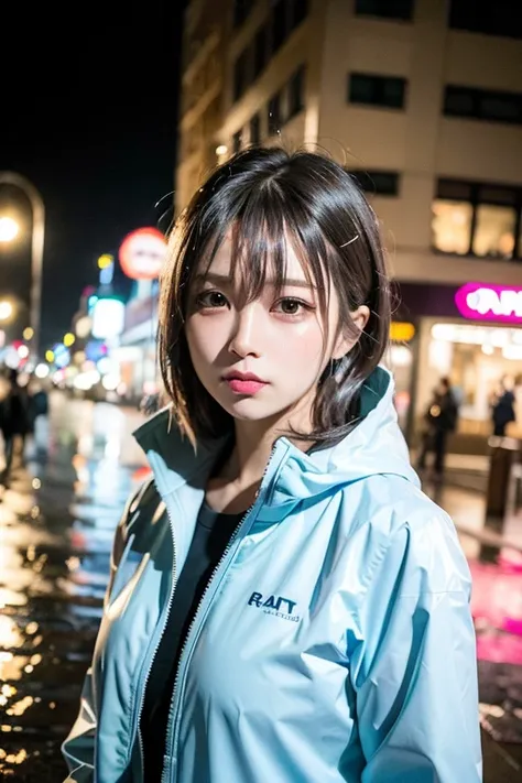 bangs, soft lights,hair accessories, city, night, raincoat, wet clothes,, (8k, RAW photo, best quality, masterpiece:1.2), (realistic, photo-realistic:1.4),1girl,(Kpop idol), (aegyo sal:1), professional lighting, photon mapping, radiosity, physically-based rendering, pureerosface_v1,