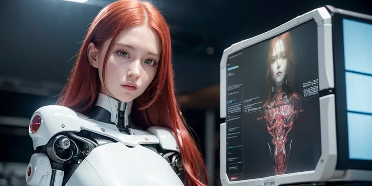 (((1girl,staight long shinning red hair,Plump long hair,cyborg,sslim, elegant,robotic parts))),complex 3d render ultra detailed of a beautiful porcelain profile woman android face,looking at viewer, smile, full body,, 150 mm,((computer warning screen background)), beautiful studio soft light, rim light, vibrant details, luxurious cyberpunk, lace, hyperrealistic, anatomical, facial muscles, cable electric wires, microchip, elegant, beautiful background, octane render, H. R. Giger style, 8k, best quality, masterpiece, illustration, an extremely delicate and beautiful, extremely detailed ,CG ,unity ,wallpaper, (realistic, photo-realistic:1.37),Amazing, finely detail, masterpiece,best quality,official art, extremely detailed CG unity 8k wallpaper, absurdres, incredibly absurdres,  <lora:japaneseDollLikeness_v10:0.1>, <lora:koreanDollLikeness_v15:0.1>, robot, silver halmet