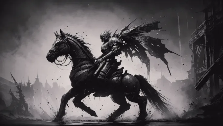 a black and white photo of a man riding a horse with wings