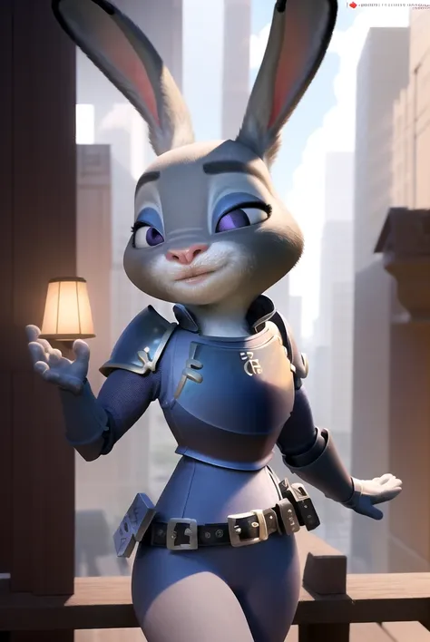 a close up of a cartoon bunny in a suit on a balcony