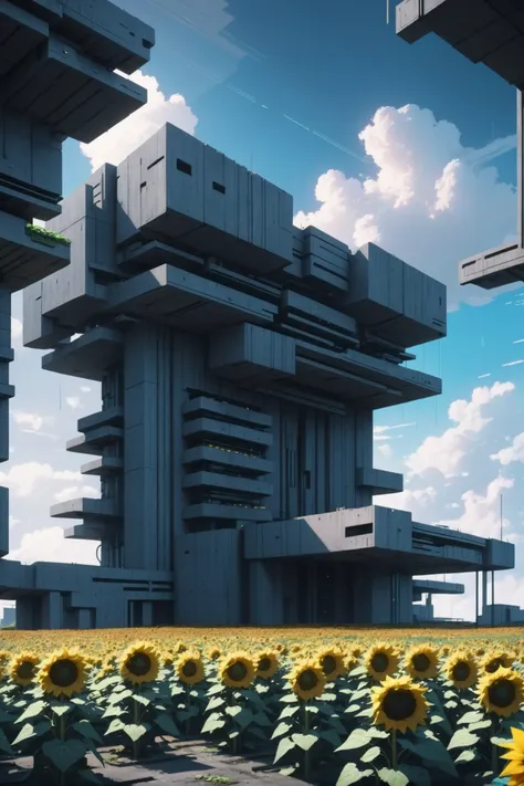 technobrutalist, morning, blue sky, clouds, architecture, far-future Sunflower field by a garage by a festival at the beginning of the universe<lora:EnvyTechnobrutalistXL01:1>