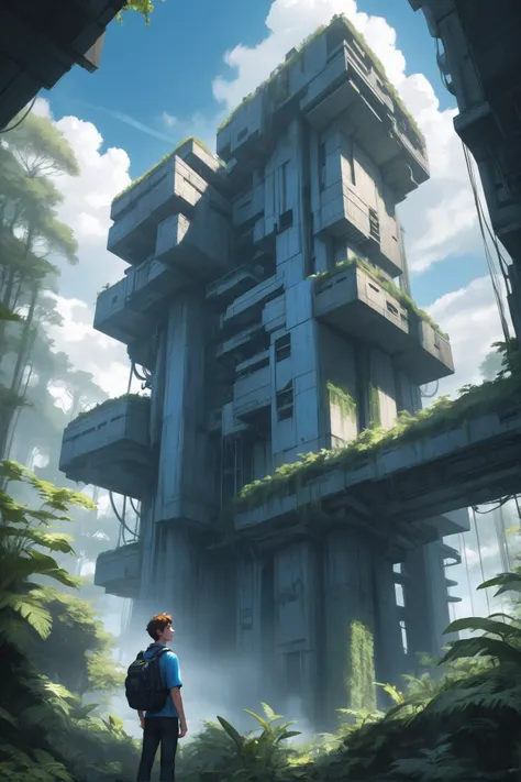 technobrutalist, <lora:EnvySendNoodzXL01:-1>1boy, man, ruggedly handsome, noon, blue sky, clouds, scenery, in a mysterious Temperate Rainforest<lora:EnvyTechnobrutalistXL01:0.5>