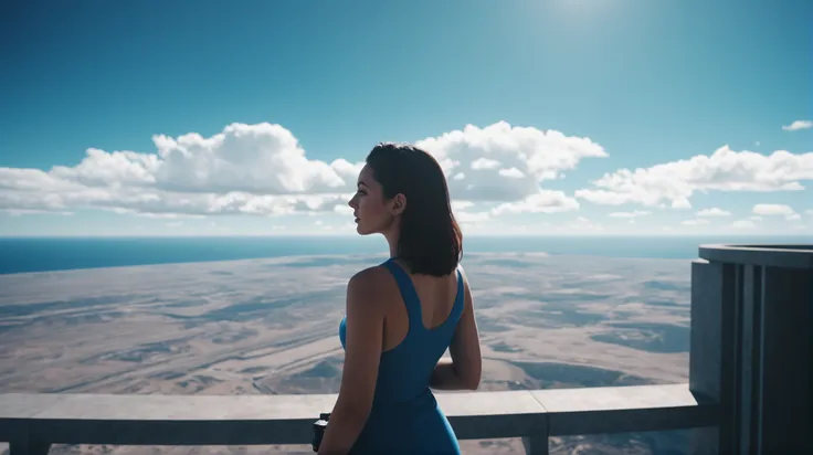 technobrutalist, cinematic color grading, <lora:EnvySendNoodzXL01:0>1girl, woman, beautiful, noon, blue sky, clouds, scenery, in a Deimos Orbit Viewpoint<lora:EnvyTechnobrutalistXL01:0.5>