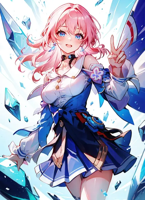 march 7th \(honkai: star rail\), 1girl, blue eyes, blue skirt, breasts, detached sleeves, earrings, ice, jewelry, long sleeves, ...