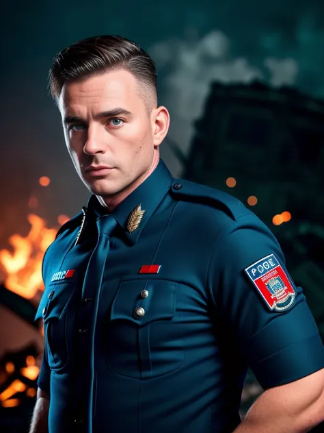 a professional photo of a european men  ((in cop uniform)),( in a wreckage building),(blood,cuts),jacked, masterpiece, best qual...