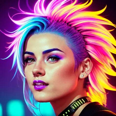 solo, 1girl, <lora:exocolonistpeople_:1>, (multicolored hair:1.36), cyberpunk 2077, analog style, woman, (neon lights in the cit...