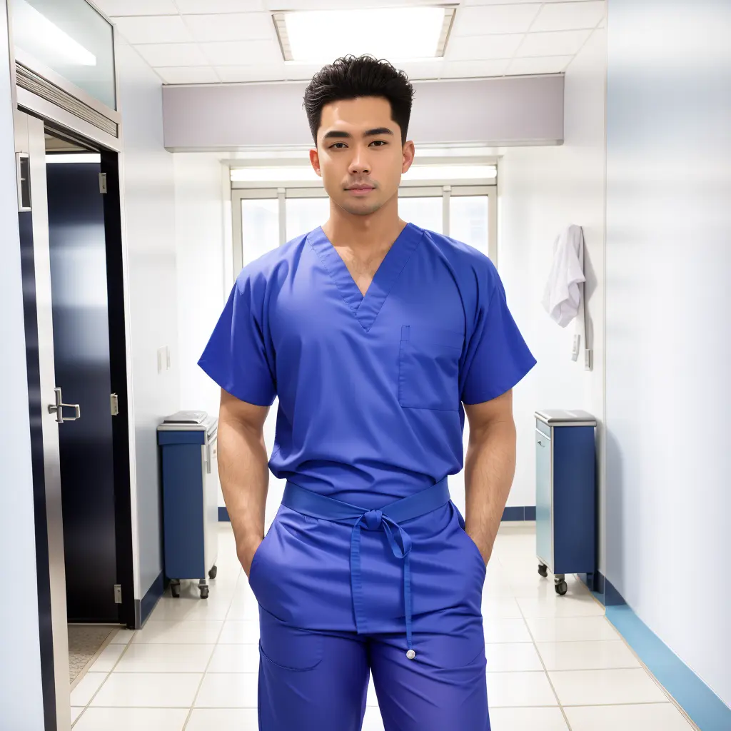 RAW photo, absurdres, high quality, photorealistic, sharp focus,
a man wearing scrubs,
indoors, hospital, hallway,
photo realism, ultra-detailed, 50mm, f1. 4, 8k uhd, film grain,
<lora:nurse:1>