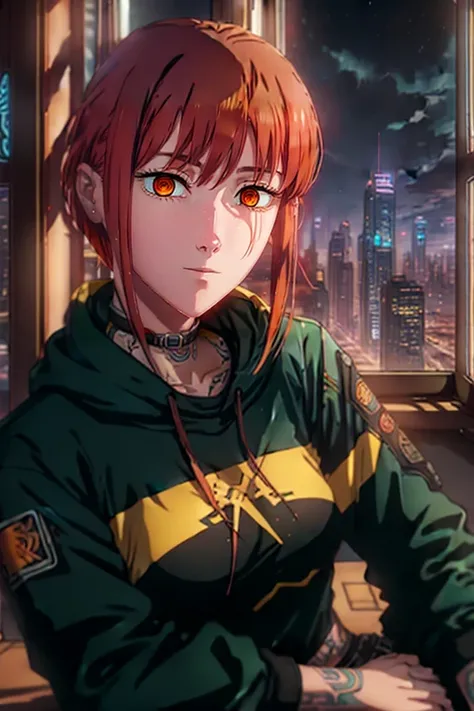 <lora:Makima - [Chainsaw Man] - Version 1:1>makima, red_hair, makima_(chainsaw_man), sidelocks, bangs,  (ringed_eyes, yellow_eyes, orange_eyes) (masterpiece:1.2),(best quality:1.2),(high resolution:1.2) 1girl,  tattoo  cyberpunk2077, cyberpunk (series),  p...