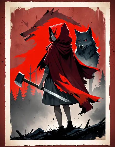 Red Riding Hood, defiant, WWII resistance poster, axe held high, tattered red cloak, wolf silhouette, gritty textures