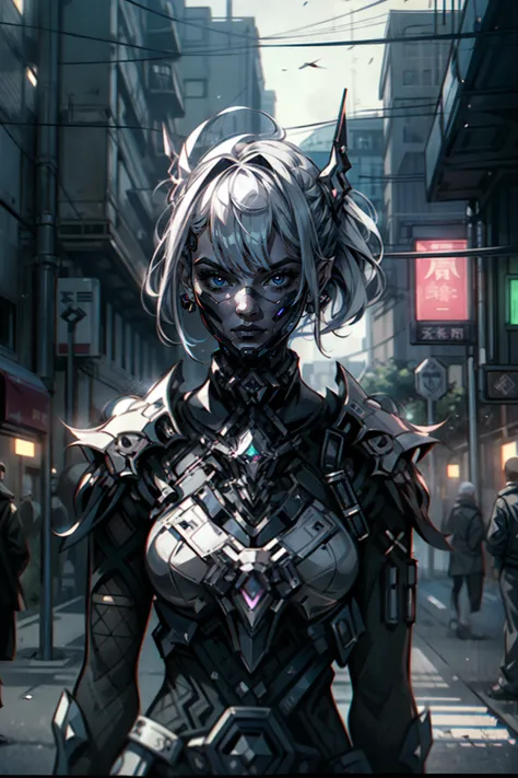 [gothpunk|robot], roblit, 1girl, solo, walking in Harajuku, white eyebrows, glowing hair, (iridescent white hair), earrings, bangs, jewellery, mask, blunt bangs, (iridescent eyes, glowing eyes, green eyes, mouth mask), hair ornament, looking at the viewer,...