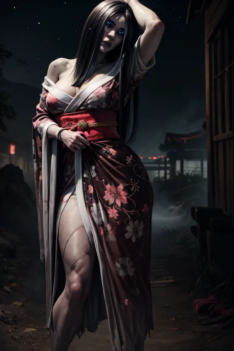 Hisako, grey skin, long hair, white pupils, scars, glowing eyes, black sclera,
red kimono with floral print, off shoulder, torn clothes, serious, cleavage,
looking at viewer, standing,
(insanely detailed, beautiful detailed face, masterpiece, best quality)...