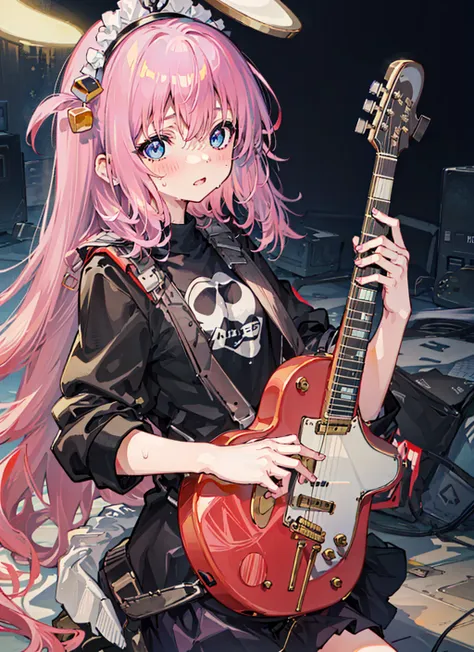 instrument, sweat, 1girl, guitar, holding_instrument, shirt, solo, long_hair, blue_eyes, black_shirt, skirt, electric_guitar, pi...