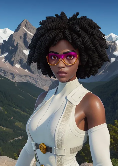 innovator,black hair,afro,brown eyes,
tinted eyewear,detached sleeves,white bodysuit,
standing,upper body,
mountains,
(insanely detailed, beautiful detailed face,beautiful detailed eyes, masterpiece, best quality),<lora:InnovatorSlone-10v7:0.8>,