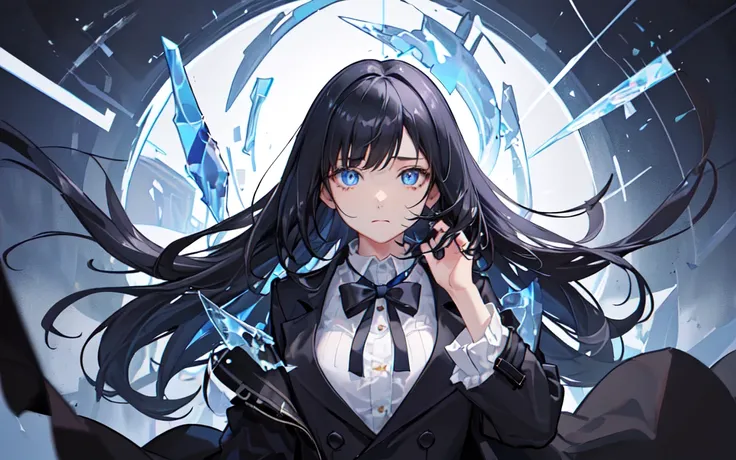 (best quality, masterpiece),(1girl, trench coat,expression face, blue eyes, looking at viewer, black hair, closed mouth, dress s...