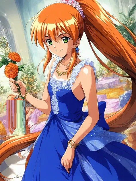 score_9, score_8_up, score_7_up, source_anime, rating_explicit, BREAK  <lora:Akai_Homura_XL:1> Akai_Homura, very long hair, green eyes, orange hair,
dress, earrings, jewelry, flower,  1girl, ponytail, solo focus, smile
room, party venue,