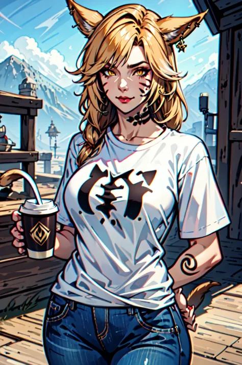 anime girl with cat ears holding a drink in a wooden cabin