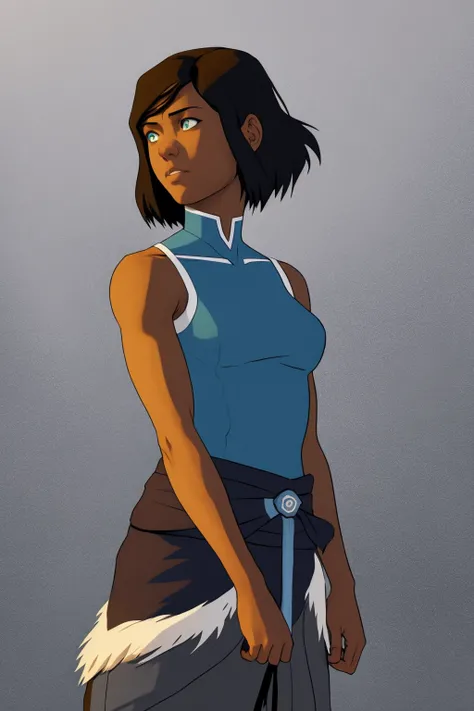 masterpiece, best quality, 1girl,  photo of realistic dark skinned girl, korra, alternate hair length, short hair,  (cyan eyes:0.8),  looking at viewer, upper body, floating hair, black background  <lora:KorraV2:1>