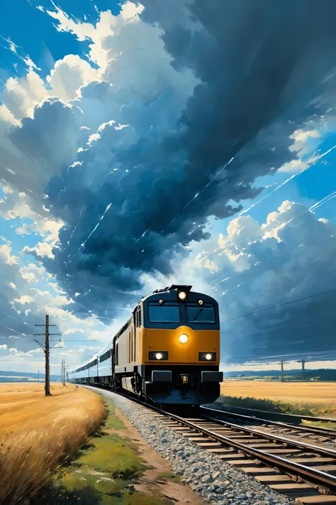 painting of a train traveling down the tracks in a rural area