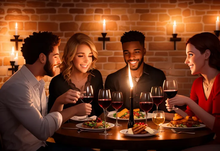 portrait of beautiful couples having a romantic group dinner, interracial double date, wine, food, torches on the wall, schnapps...