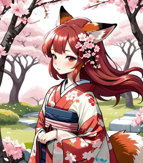 Illustration of a fox girl wearing a traditional Japanese kimono, with a detailed floral pattern and vibrant colors. Her long flowing hair is adorned with delicate cherry blossoms and standing gracefully against a backdrop of a serene cherry blossom garden...