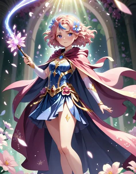 lustration of Cure Fleur standing gracefully with her magical wand, surrounded by shimmering flower petals, and casting a powerful healing spell with a determined look on her face. She is adorned in a beautiful floral-themed costume with a flowing cape, ex...