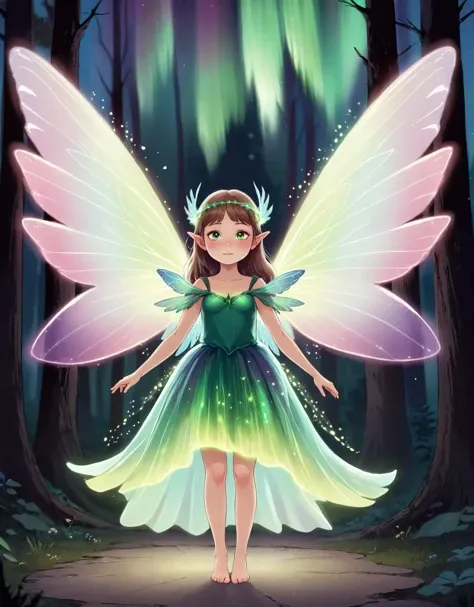 A girl wearing the wings of a fairy with the effects of an aurora