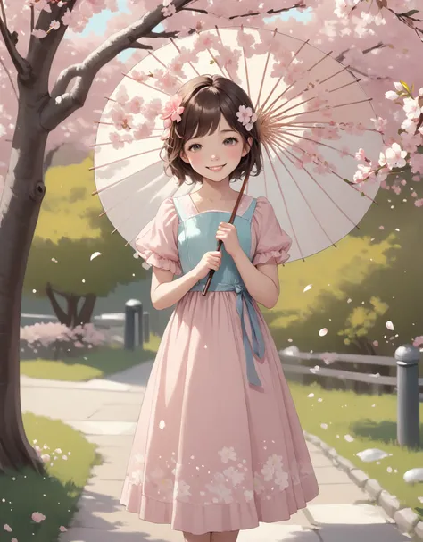 highres,best quality,natural,
Illustration of an "Innocent and Sweet" young girl with a demure smile, wearing a pastel-colored dress, standing among cherry blossoms, holding a bouquet of flowers and a delicate parasol