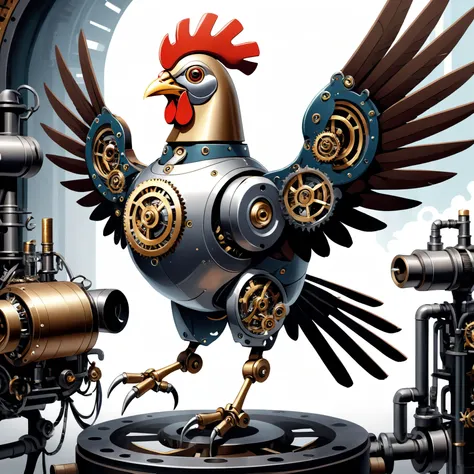 Illustration of a robot with a motif of steampunk chickens with metal blades, intricate gear mechanisms built into the wings and legs, and a mechanical beak. The robot stands proudly while spewing steam from its joints, conveying a sense of retrofuturism a...