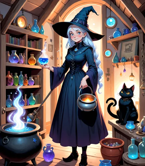 Illustration of a kindly, elderly witch with a long, silver braid, wearing a pointed hat adorned with stars and moons, standing in front of a bubbling cauldron in a cozy, cluttered cottage filled with spell books, potion bottles, and magical ingredients, s...