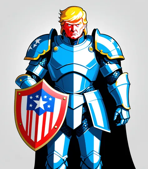 Image type of illustration:Create an illustration of a fully armored Donald Trump, wearing a futuristic suit of armor with the American flag design, standing confidently with a shield in one hand and a sword in the other, ready to defend against any threat...