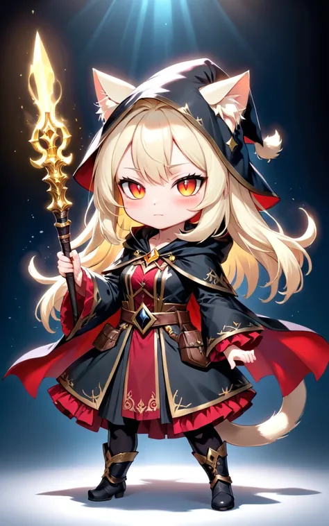 highres,best quality,AA blonde magician witch with a black cat. Her black robe and wizard hat have gold details. she is wearing a red luxurious cloak.BREAK ,black cat with red hoodie,The familiar black cat wears a red hoodie and has a pretend face.,, chibi...