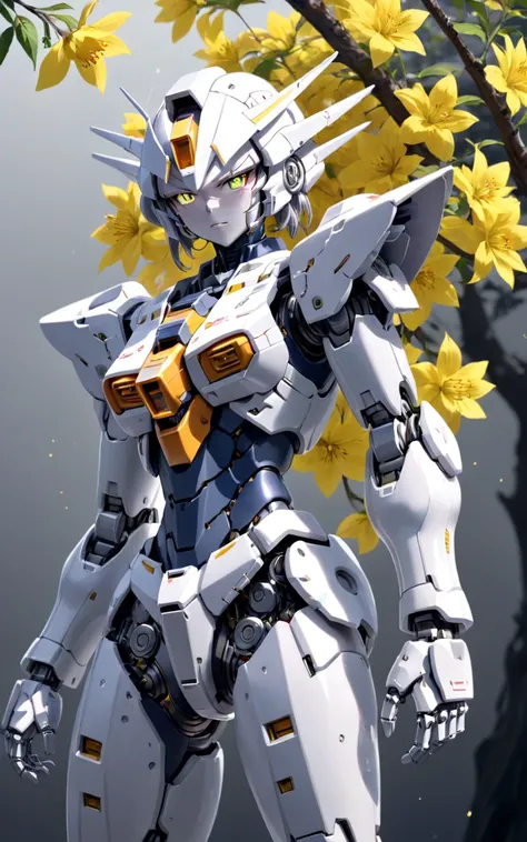 highres,best quality,girl, flower, glowing, grey background, mecha, mobile suit, robot, science fiction, solo, tree, upper body