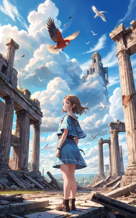 highres,best quality,girl, bird, cloud, cloudy sky, outdoors, ruins, scenery, sky