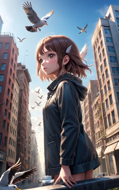 highres,best quality,girl, animal, animal focus, bird, building, city, no humans, sky