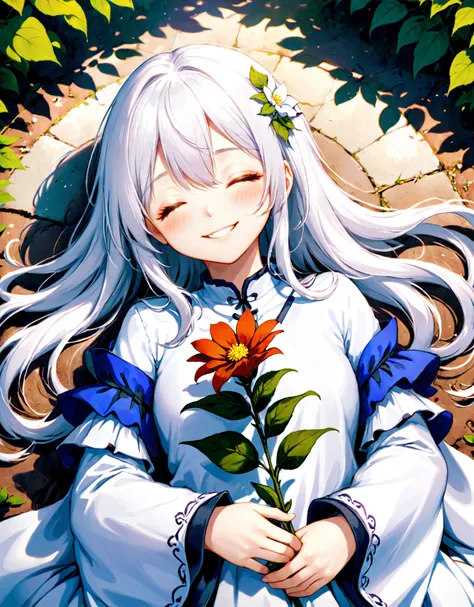 highres,best quality,detailed background,girl, animal, animal focus, bird, closed eyes, closed mouth, flower, hair between eyes, holding, holding flower, long hair, long sleeves, lying, on side, outdoors, sidelocks, smile, solo, white hair, wide sleeves