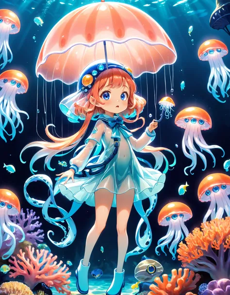 An illustration of a squid girl dressed up as a jellyfish, with glowing tentacles and a transparent umbrella-like body. She is surrounded by tiny fish looking up in amazement, as colorful coral reefs create a magical underwater backdrop.