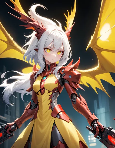 highres,best quality,dragon,monster,, :3, beak, bird, blood, blood on face, comic, flying, glowing, glowing eyes, holding, holding weapon, mecha, science fiction, standing, weapon, white hair, wings, yellow gloves