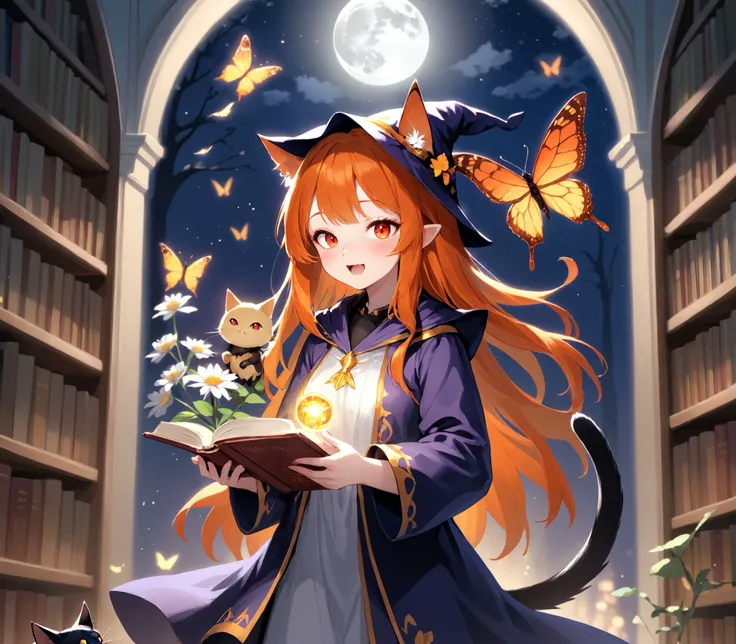 highres,best quality,wizard, 1 girl, illuminated by the moonlight, with her black cat familiar, Fantastically lit library, invoking magic, best quality, newest, absurdres, animal, animal focus, bird, bug, butterfly, closed eyes, english text, full body, ho...