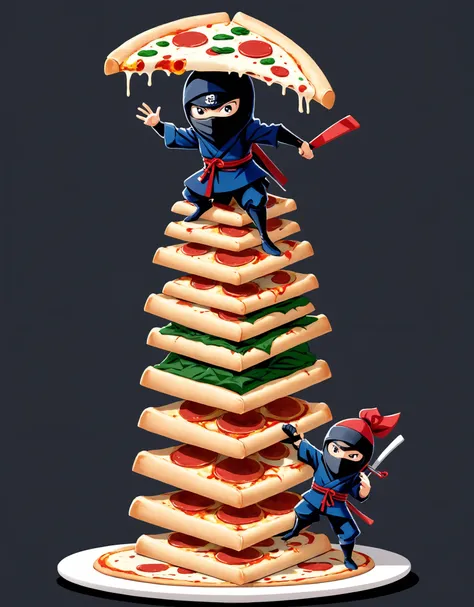 Illustration of a unique fusion between a pizza slice transformed into a leaning tower and a ninja character dressed in traditional ninja attire, blending Italian cuisine with Japanese stealth and agility seamlessly.