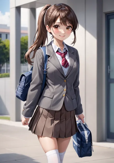 highres,best quality, girl, , 1girl, :d, bag, blazer, brown eyes, brown hair, collared shirt, grey background, jacket, long sleeves, looking away, medium hair, pleated skirt, ponytail, school bag, school uniform, shirt, shoulder bag, skirt, smile, socks, s...