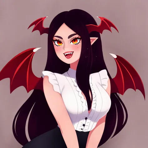 1girl, frilled shirt, vampire, demon_wings, head wings, upper body, red_eyes, long_hair, straight hair, fangs, full_body
 <lyco:flat_illustration:0.8> illustration,  curvy