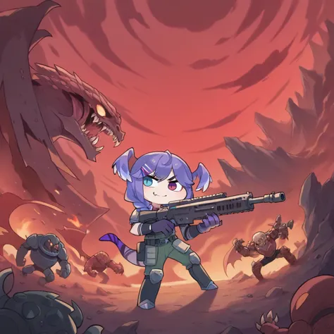 a cartoon picture of a girl with a gun in front of a giant monster