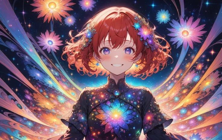 ((masterpiece)), (best quality), (ultra detailed), (digital), cute anime woman, short red hair, happy, grinning, blushing, fractals, energy, prismatic, dreamlike, abstract, starlight, cosmos, intricate, elaborate detail, ((vivid)) colors, high saturation <...