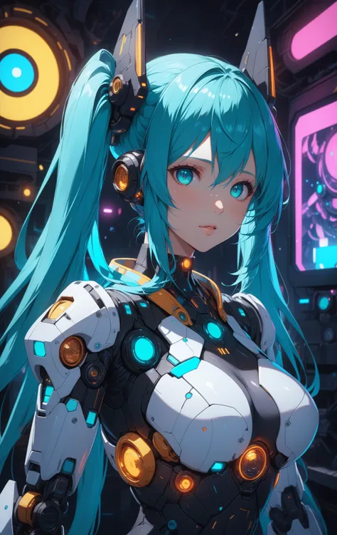 masterpiece, best quality,  
mecha girl, beautiful eyes, upper body, underboob, portrait, robot, armor, Hatsune Miku, neon light, 8K, RAW, best quality, masterpiece, ultra high res, colorful, (medium wide shot), (dynamic perspective), sharp focus , (depth ...