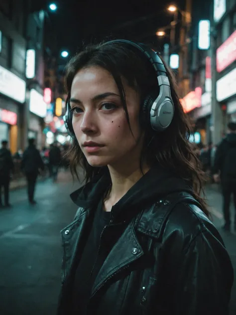 cinematic film still, photo of a girl, cyberpunk, neonpunk, headset, city at night, sony fe 12-24mm f/2.8 gm, close up, 32k uhd, wallpaper, analog film grain, SONY headset <lora:aesthetic_anime_v1s:0.4> <lora:AnalogRedmondV2-Analog-AnalogRedmAF:0.65> <lora...