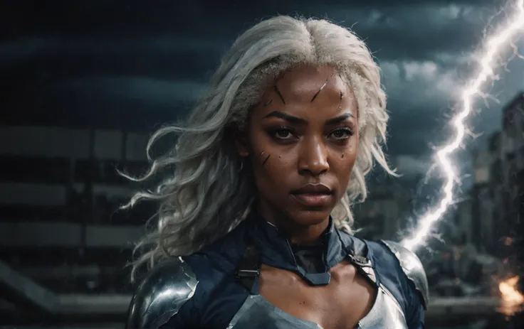 cinematic film still, photo of storm from x-men, dark skinned girl with white hair, in the style of hyper-realistic, lightnings, superpowers, sony fe 12-24mm f/2.8 gm, close up, 32k uhd, light navy and light amber, amazing quality, wallpaper, analog film...
